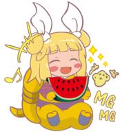 eating eyes_closed food fruit haniwa joutouguu_mayumi mayumadillo untranslated watermelon wholesome wily_beast_and_weakest_creature // 1063x1153 // 115.7KB