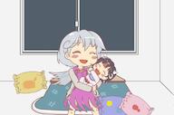 baby blanket double_dealing_character ears eyes_closed fangs horns kijin_seija kishin_sagume kotatsu legacy_of_lunatic_kingdom pillow wholesome // 750x496 // 139.6KB