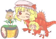badass bloomers crying dino ears embodiment_of_scarlet_devil eyes_closed fang flandre_scarlet happy hidden_star_in_four_seasons matara_okina mini_gyate pacifier plant vehicle wheelchair wholesome // 1200x825 // 293.9KB