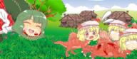 blood crying dino embodiment_of_scarlet_devil flandre_scarlet food fruit kazami_yuuka mini_gyate monster_hunter phantasmagoria_of_flower_view sad scary violence // 2569x1110 // 2.6MB