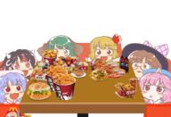 chicken cookie double_dealing_character drink eating embodiment_of_scarlet_devil food forward_facing fries horns kasodani_kyouko kfc kijin_seija mcdonalds pepsi perfect_cherry_blossom remilia_scarlet rumia saigyouji_yuyuko ten_desires urban_legend_in_limbo usami_sumireko // 2400x1643 // 2.1MB