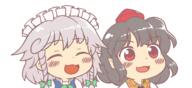 embodiment_of_scarlet_devil eyes_closed happy izayoi_sakuya mountain_of_faith phantasmagoria_of_flower_view shameimaru_aya // 1200x550 // 92.5KB