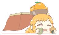 alternate_headwear drink drooling eating eyes_closed food fruit hecatia_lapislazuli kotatsu legacy_of_lunatic_kingdom orange palette_swap peeking tea wholesome // 1100x650 // 88.3KB