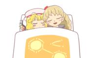 blanket embodiment_of_scarlet_devil flandre_scarlet goukyou_ibun hidden_star_in_four_seasons matara_okina pillow sleeping wholesome zun_style // 600x371 // 75.5KB