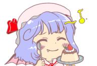 embodiment_of_scarlet_devil eyes_closed fang flan_cake food fruit pudding remilia_scarlet spoon strawberry utensil wholesome // 800x550 // 38.6KB