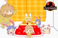 angry apple curtains dino eyes_closed food fruit goutokuji_mike happy kotatsu legacy_of_lunatic_kingdom party ringo seiran sleeping unconnected_marketeers // 1740x1151 // 1.1MB