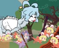 baby blood dino embodiment_of_scarlet_devil fangs flandre_scarlet jiangshi kaku_seiga mini_gyate miyako_yoshika pacifier plant sad scary ten_desires tree violence // 1836x1494 // 1.9MB